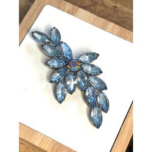 Vintage Rhinestone Brooch Pin With Blue Marquise Stones & Aurora Borealis Center